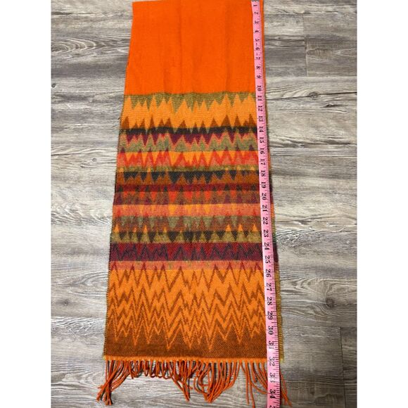 Made in Scotland 100% Cashmere Scarf Orange Green Red Chevron Fringe 64"x12" - Picture 6 of 7